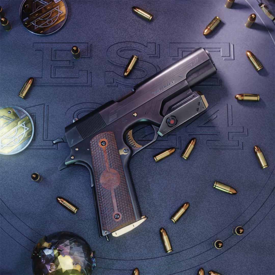 Dit is de 1911 die wordt gebruikt in de Gun Range van Syndicate of Vigilantes, een AR gun range mobiele game waarbij een realistisch 3D-pistool richt op bewegende targets in een echte huiskamer.