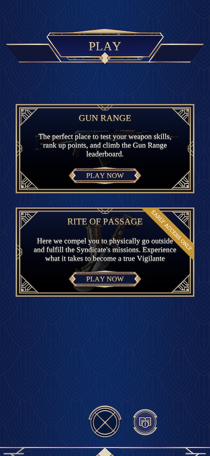 Screenshot toont 2 verschillende game modi in het menu van Syndicate of Vigilantes, een AR gun range mobiele game waarbij een realistisch 3D-pistool richt op bewegende targets in een echte huiskamer.