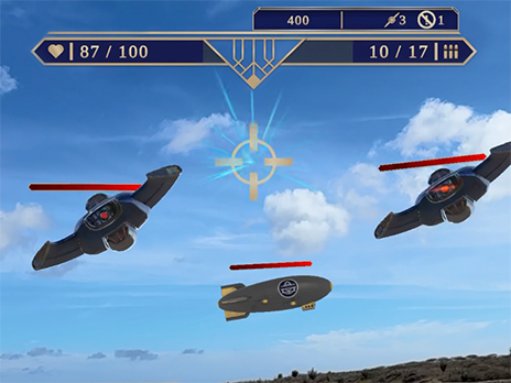 Screenshot toont de menu bar in de game play van de Gun Range van Syndicate of Vigilantes, een AR gun range mobiele game waarbij een realistisch 3D-pistool richt op bewegende targets in een echte huiskamer.