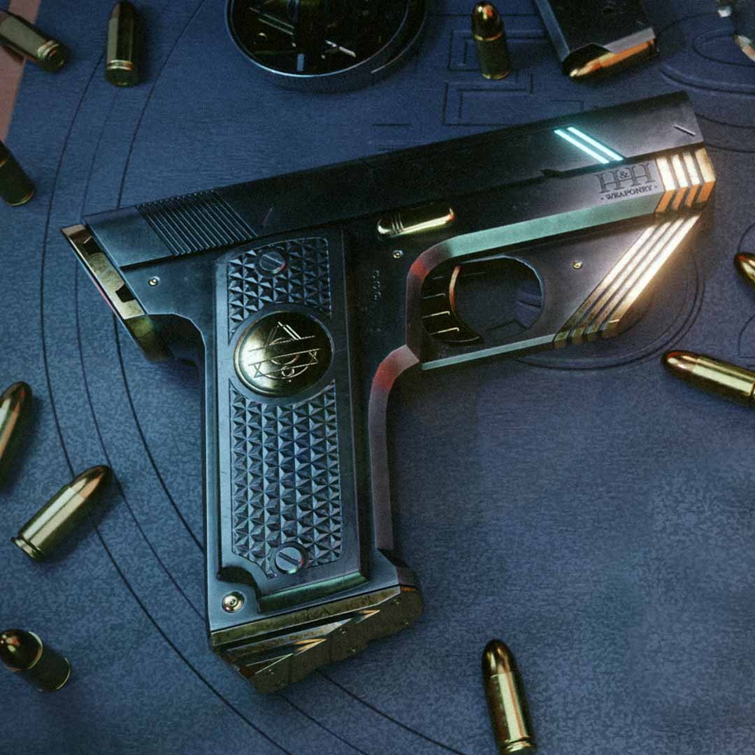 Dit is de dator mortum die wordt gebruikt in de Gun Range van Syndicate of Vigilantes, een AR gun range mobiele game waarbij een realistisch 3D-pistool richt op bewegende targets in een echte huiskamer.