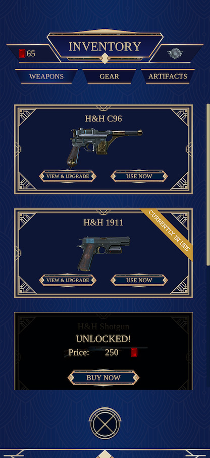Screenshot toont selectie opties van verschillende wapens in het menu van Syndicate of Vigilantes, een AR gun range mobiele game waarbij een realistisch 3D-pistool richt op bewegende targets in een echte huiskamer.