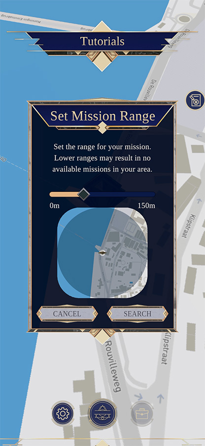 Smartphone scherm toont set mission range in het menu van Syndicate of Vigilantes, een AR gun range mobiele game waarbij een realistisch 3D-pistool richt op bewegende targets in een echte huiskamer.
