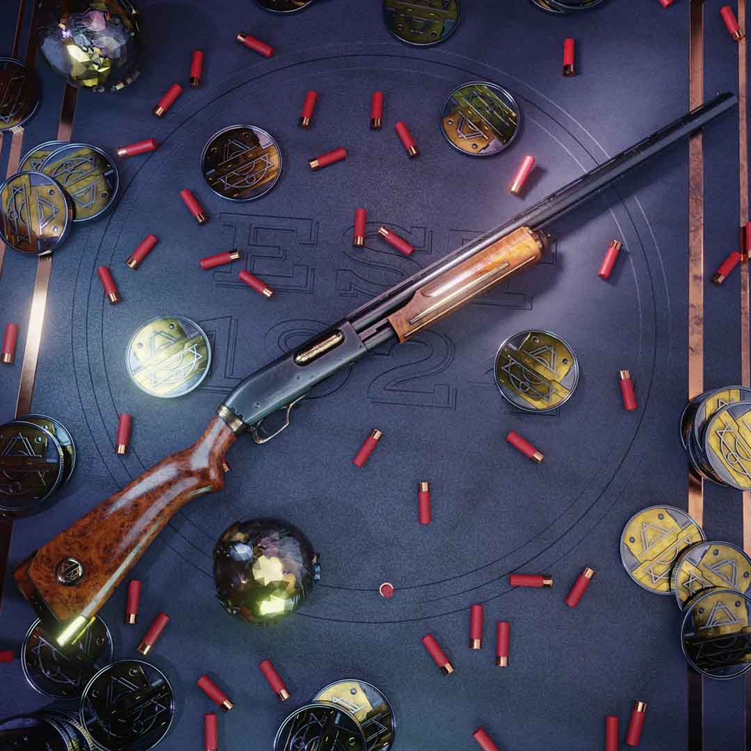 Dit is de shotgun die wordt gebruikt in de Gun Range van Syndicate of Vigilantes, een AR gun range mobiele game waarbij een realistisch 3D-pistool richt op bewegende targets in een echte huiskamer.