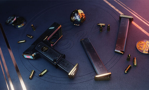 Presentatie afbeelding van 1 van de wapens in de Gun Range van Syndicate of Vigilantes, een AR gun range mobiele game waarbij een realistisch 3D-pistool richt op bewegende targets in een echte huiskamer.