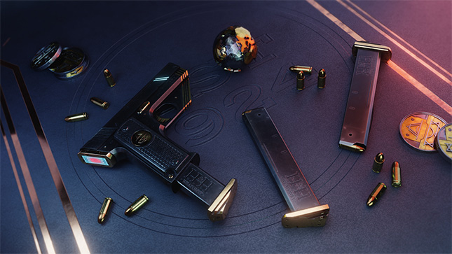 Presentatie afbeelding van 1 van de wapens in de Gun Range van Syndicate of Vigilantes, een AR gun range mobiele game waarbij een realistisch 3D-pistool richt op bewegende targets in een echte huiskamer.