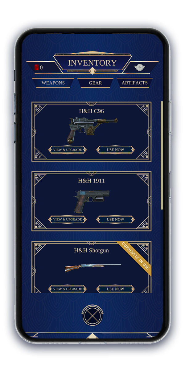 Screenshot toont de inventory in het menu van de Gun Range van Syndicate of Vigilantes, een AR gun range mobiele game waarbij een realistisch 3D-pistool richt op bewegende targets in een echte huiskamer.